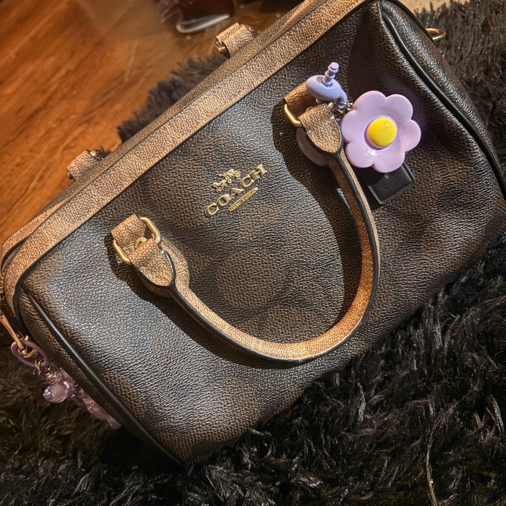 Coach Black Pebbled Leather Satchel with Lilac Flower Charm